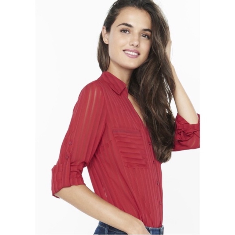 Express Red Sheer Striped Portofino Top - Picture 8 of 8